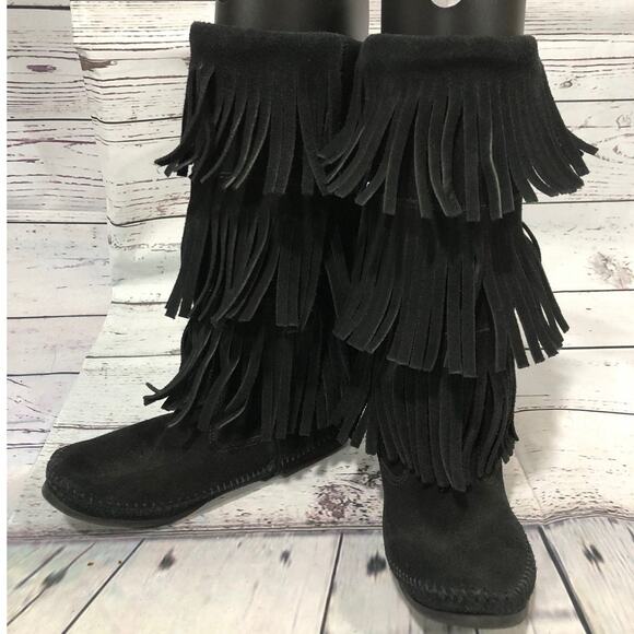 Minnetonka 3-Layer Black Fringe Boot 12" tall cowgirl western size 7 - Picture 7 of 13